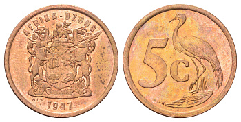 ЮАР 5 центов 1997 герб, райский журавль KM 160 сталь плакированная медью UNC 4696-1015
