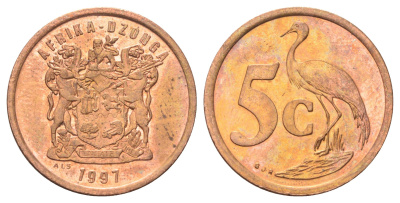 ЮАР 5 центов 1997 герб, райский журавль KM 160 сталь плакированная медью UNC 4696-1015