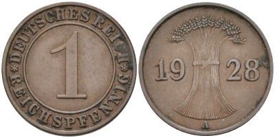 Германия 1 рейхспфенниг 1928 А, Веймарская республика KM 37 бронза 4387-322