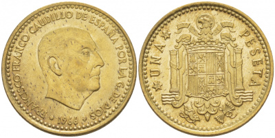 ИСПАНИЯ 1 ПЕСЕТА 1966 (69) ФРАНСИСКО ФРАНКО ДИКТАТОР ИСПАНИИ (1939-1975) КМ 796 алюминиевая бронза 87-1445