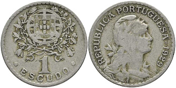 ПОРТУГАЛИЯ 1 ЭСКУДО 1929 ГОЛОВА СВОБОДЫ ВПРАВО КМ 578 медно-никель 202-344
