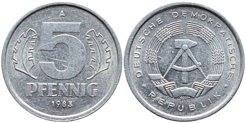 ГДР 5 ПФЕННИГОВ 1983 A КМ 9.2 алюминий 261-658