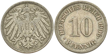Германия 10 пфеннигов 1906 J KM 12, J. 13, Weege 8 медно-никель 259-856