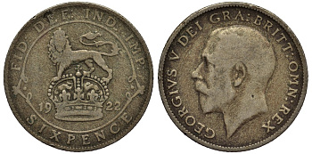 Великобритания 6 пенсов 1922 Георг V (1910-1936) KM 815а.1, Spink 4024 серебро 4539-123