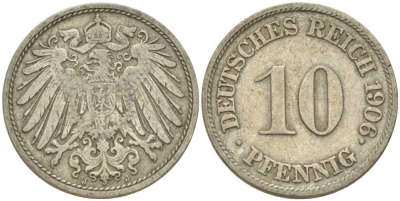 Германия 10 пфеннигов 1906 J KM 12, J. 13, Weege 8 медно-никель 259-856