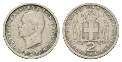 Греция 2 драхмы 1959 Павел I (1947-1964) KM 82 медно-никель    4660-716