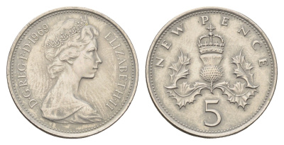 Великобритания 5 новых пенсов 1969 Елизавета II (1952-2022) KM 911, Spink 4233 (D1) медно-никель 55-541