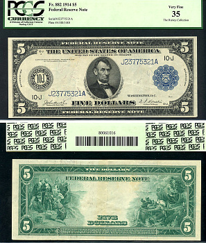 США 5 долларов 1914 Канзас-Сити, Авраам Линкольн, голубая серия, в слабе PCGS 35 Fr 882  бумага   452-1-146