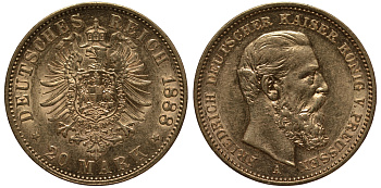 Пруссия 20 марок 1888 Фридрих III J. 248, KM 515 золото 00-000-00