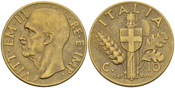 ИТАЛИЯ 10 ЧЕНТЕЗИМО 1940 R, ГОД XVIII, ВИКТОР ЭММАНУИЛ III (1900-1946) KM 74a алюминиевая бронза 31-1157