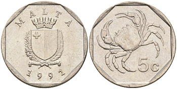 Мальта 5 центов 1991 краб KM 95 медно-никель 4588-114