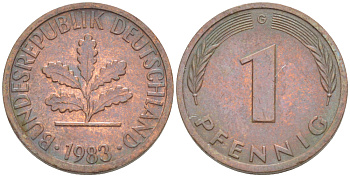 ФРГ 1 ПФЕННИГ 1983 G KM 105, J. 380 сталь плакированная медью 4181-652