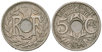 Франция 5 сантимов 1923 KM 875 медно-никель 4615-646