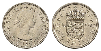 Великобритания 1 шиллинг 1966 Елизавета II (1952-2022), Английский герб KM 904, Spink 4147 медно-никель UNC 4121-851
