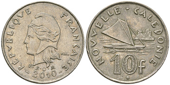 Французская Новая Каледония 10 франков 2010 рыбачья парусная лодка, (IEOM) KM 11a, Schoen 13a, Lec 99k медно-никель 63-222