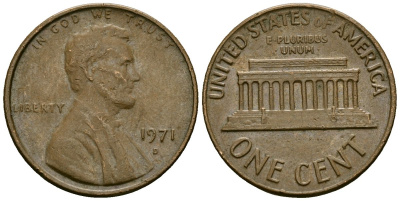 США 1 цент 1971 D, Линкольн KM 201 медь цинк 4136-134