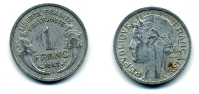 ФРАНЦИЯ 1 ФРАНК 1947 B KM 885a.2 алюминий 37-146