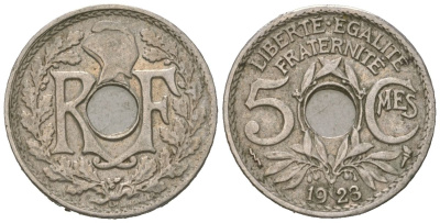 Франция 5 сантимов 1923 KM 875 медно-никель 4615-646