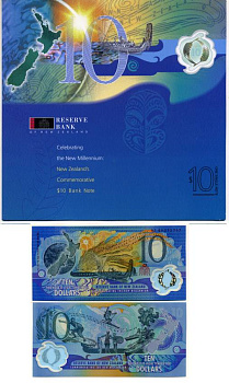 Новая Зеландия 10 долларов 2000 миллениум, оригинальный буклет Pick 190 b пластик UNC (пресс) 505-23-1-2