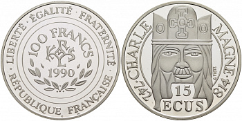 Франция 100 франков - 15 экю 1990 Карл I Великий (742-814) KM 989 серебро PROOF 01-173-25