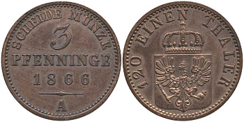 ПРУССИЯ 3 ПФЕННИГА 1866 А, ВИЛЬГЕЛЬМ I (1861-1888) KM 482 медь 117-425
