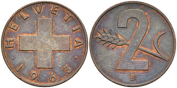 Швейцария 2 раппена 1963 В KM 47 бронза 4582-621