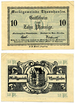 Танхаузен 10 пфеннигов 1918 нотгельд, земля Бавария, водяной знак крест Grabowski Т8.1а бумага 2193-22-3-2