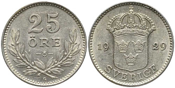 Швеция 25 эре 1929 G, Густав V (1907-1950) КМ 785 серебро 201-1054