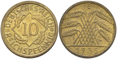 ГЕРМАНИЯ 10 РЕЙХСПФЕННИГОВ 1935 E KM 40, J. 317, Weege 9 алюминиевая бронза 210-414