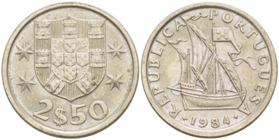 Португалия 2,5 эскудо 1984 парусник KM 590 медно-никель UNC 3718-328