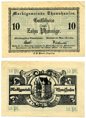 Танхаузен 10 пфеннигов 1918 нотгельд, земля Бавария, водяной знак крест Grabowski Т8.1а бумага 2193-22-3-2