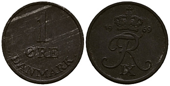 Дания 1 эре 1971 С; S, Фредерик IX (1947-1972) KM 839.2 цинк 4173-717