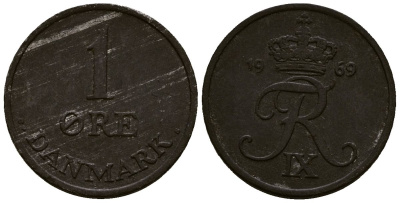 Дания 1 эре 1971 С; S, Фредерик IX (1947-1972) KM 839.2 цинк 4173-717