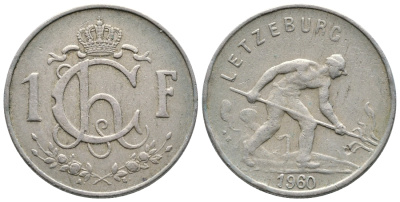 Люксембург 1 франк 1960 сталевар KM 46.2 медно-никель 259-321