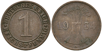 Германия 1 рейхспфенниг 1934 A KM 37, J. 313 бронза 4189-1228