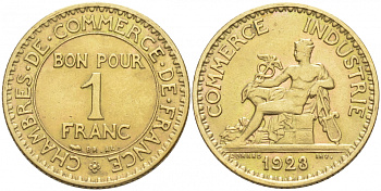 ФРАНЦИЯ 1 ФРАНК 1923 CHAMBRES DE COMMERCE KM 876, LE FRANC 218.5 алюминиевая бронза 186-311