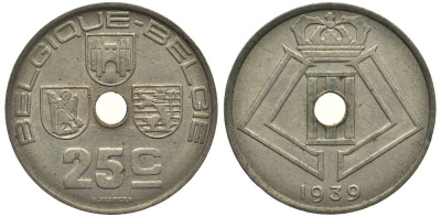 БЕЛЬГИЯ 25 САНТИМОВ 1939 BELGIQUE-BELGIE, ЛЕОПОЛЬД III (1934-1950) KM 114.1 никель латунь 27-937