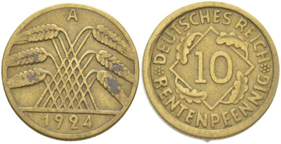 ГЕРМАНИЯ 10 РЕНТЕНПФЕННИГОВ 1924 A KM 33, J. 309, Weege 8 алюминиевая бронза 212-747