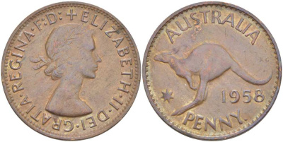 АВСТРАЛИЯ 1 ПЕННИ 1958 p, ЕЛИЗАВЕТА II (1953-), КЕНГУРУ KM 56 бронза 4512-1214