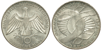 ФРГ 10 марок 1972 D, XX летние Олимпийские игры 1972 года в Мюнхене, символика KM 131, J.402 серебро UNC 413-6423