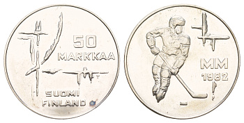 Финляндия 50 марок 1982 Чемпионат мира по хоккею KM 60 серебро BU 4537-513
