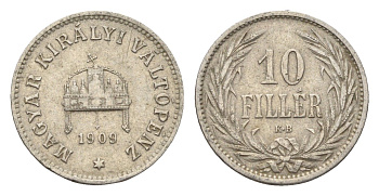 Венгрия 10 филлеров 1909 KB, Франц Иосиф I (1848-1916) KM 482 никель 4665-724