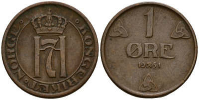 Норвегия 1 эре 1951 Хокон VII (1905-1957) KM 367 бронза 4189-746
