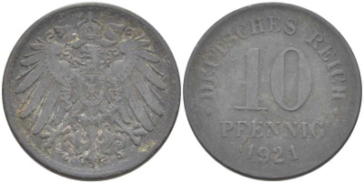 ГЕРМАНИЯ 10 ПФЕННИГОВ 1921 (1917-1922) KM 26, J. 299, Weege 8 цинк 210-243