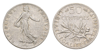 Франция 50 сантимов 1917 KM 854 серебро 4658-824