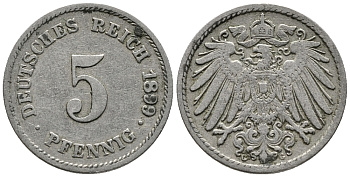 ГЕРМАНИЯ 5 ПФЕННИГОВ 1899 G KM 11, J. 12 медно-никель 39-738
