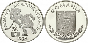 Румыния 100 леев 1998 XVIII зимние Олимпийские игры в Нагано 1998 года, хоккей, PIEFORT, пробный выпуск, 53,12 гр KM PnE 350 D1 серебро PROOF 00-822-25