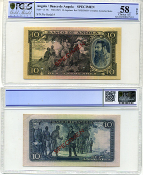 АНГОЛА 10 АНГОЛАРЕЙ 1946 SPECIMEN, в слабе PCGS 58 Choice AU Pick 78s бумага aUNC 00-00