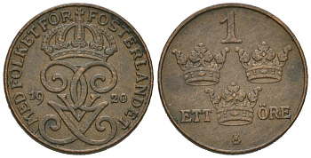 Швеция 1 эре 1920 Густав V (1907-1950) KM 777.2 бронза 4611-347