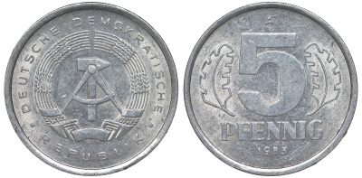 ГДР 5 ПФЕННИГОВ 1983 A КМ 9.2 алюминий 62-521